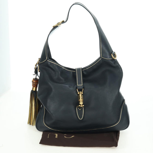 GUCCI Jackie Bamboo Shoulder Bag Leather Black Gold 281178 Auth 177840SAM