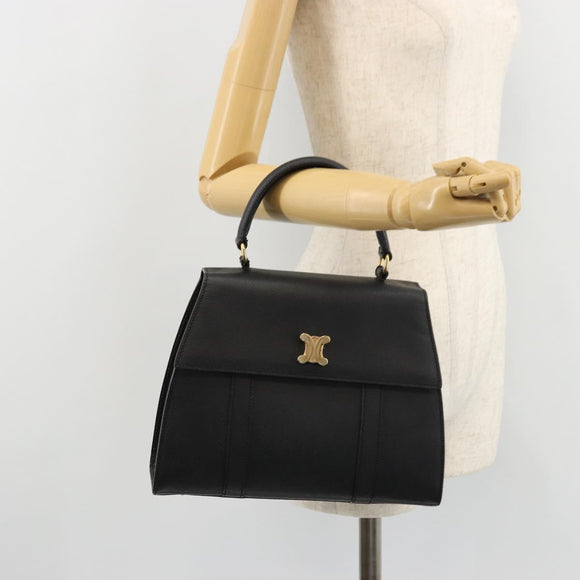 CELINE Hand Bag Leather Black Gold Auth 177844