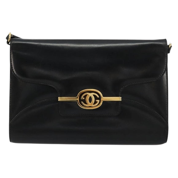 GUCCI Shoulder Bag Leather Black Gold Auth 177849