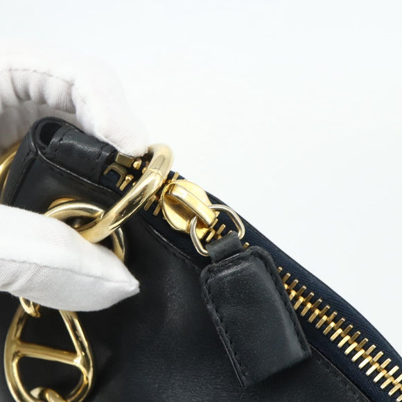 PRADA Chain Shoulder Bag Leather Navy Gold Auth 177855A