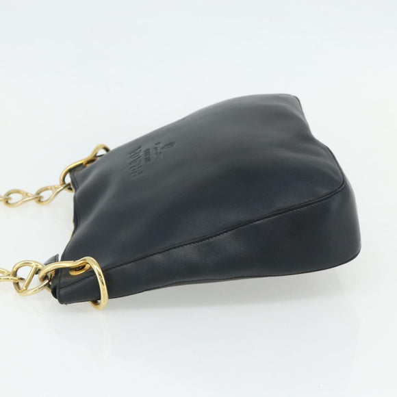 PRADA Chain Shoulder Bag Leather Navy Gold Auth 177855A
