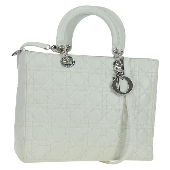 Christian Dior Lady Dior Canage Bag Lamb Skin 2way White Silver Auth 177862SAM