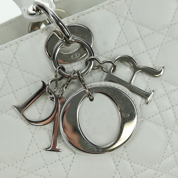 Christian Dior Lady Dior Canage Bag Lamb Skin 2way White Silver Auth 177862SAM