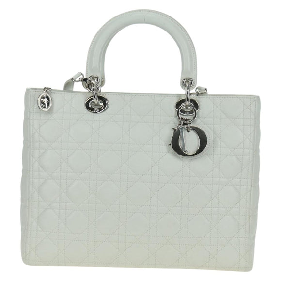 Christian Dior Lady Dior Canage Bag Lamb Skin 2way White Silver Auth 177862SAM
