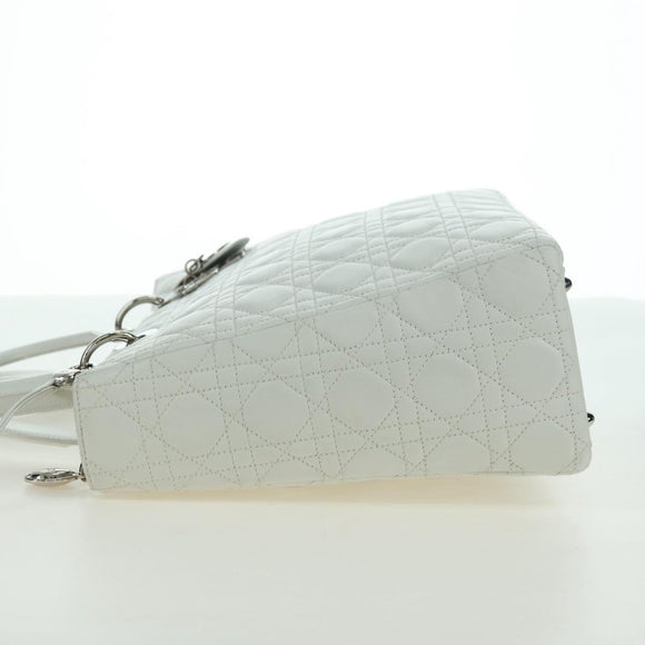 Christian Dior Lady Dior Canage Bag Lamb Skin 2way White Silver Auth 177862SAM