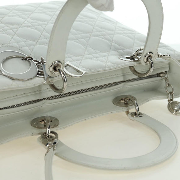 Christian Dior Lady Dior Canage Bag Lamb Skin 2way White Silver Auth 177862SAM