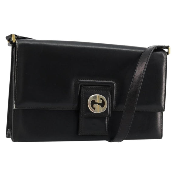 GUCCI Shoulder Bag Leather Black Gold Auth 177874