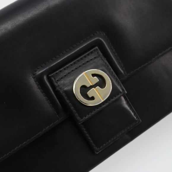 GUCCI Shoulder Bag Leather Black Gold Auth 177874