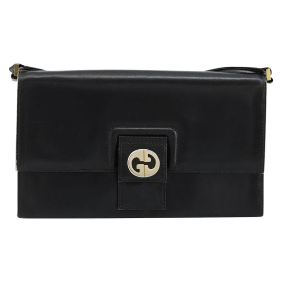 GUCCI Shoulder Bag Leather Black Gold Auth 177874