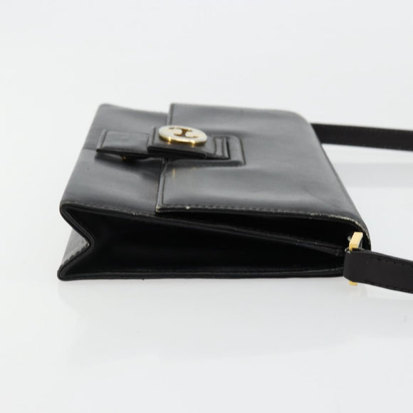 GUCCI Shoulder Bag Leather Black Gold Auth 177874
