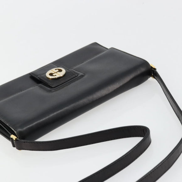 GUCCI Shoulder Bag Leather Black Gold Auth 177874
