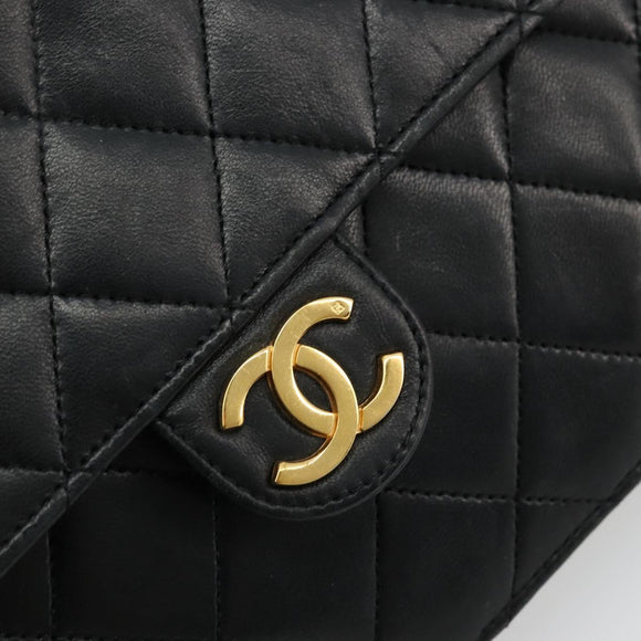 CHANEL Matelasse Chain Shoulder Bag Lamb Skin Black Gold CC Auth 177875