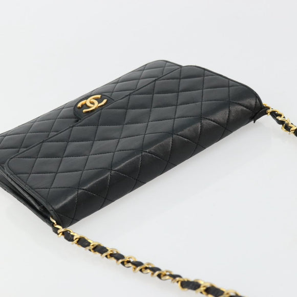 CHANEL Matelasse Chain Shoulder Bag Lamb Skin Black Gold CC Auth 177875