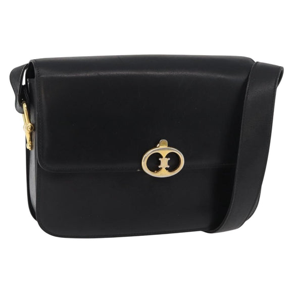 CELINE Shoulder Bag Leather Black Gold Auth 177927