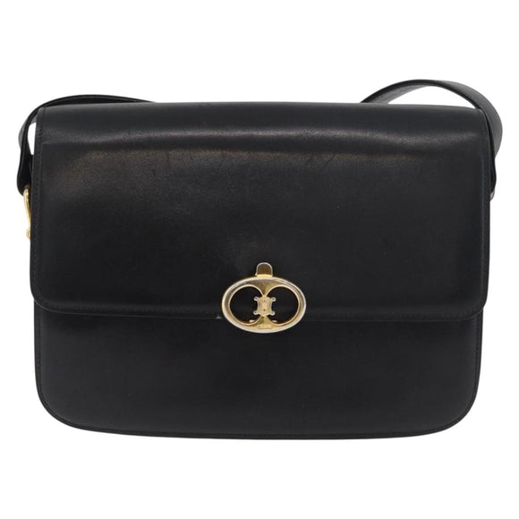 CELINE Shoulder Bag Leather Black Gold Auth 177927
