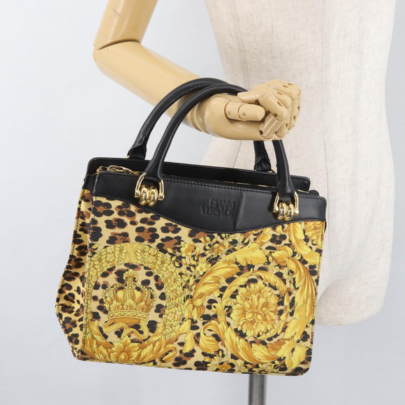 VERSACE Hand Bag PVC Leather Yellow Gold Auth 177929