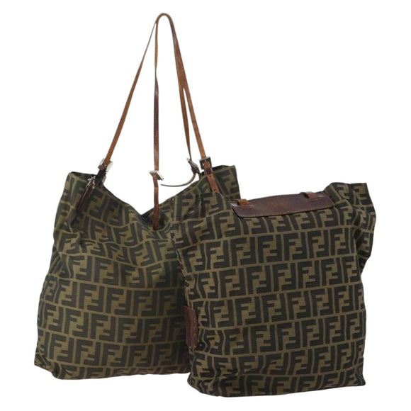 FENDI Zucca Canvas Tote Bag 2 Set Brown Black Auth 177932