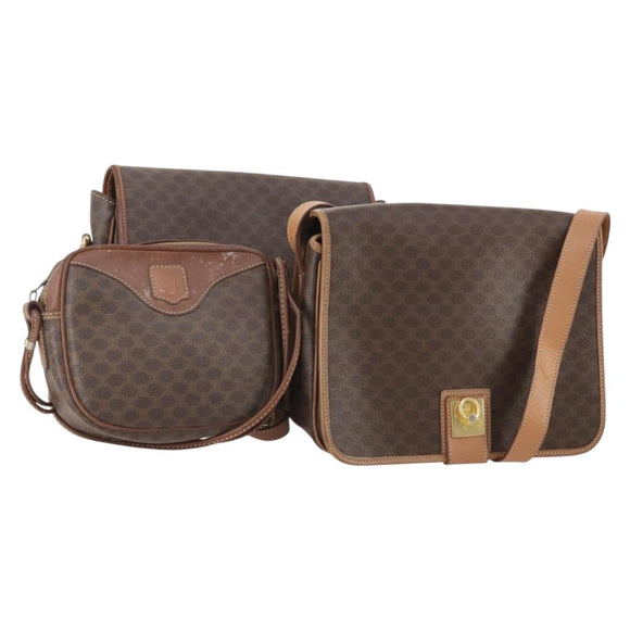 CELINE Macadam Canvas Shoulder Bag PVC Leather 3 Set Brown Auth 177933