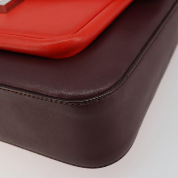 FENDI Chain Beebaguette Shoulder Bag Leather Red Silver Auth 177969A