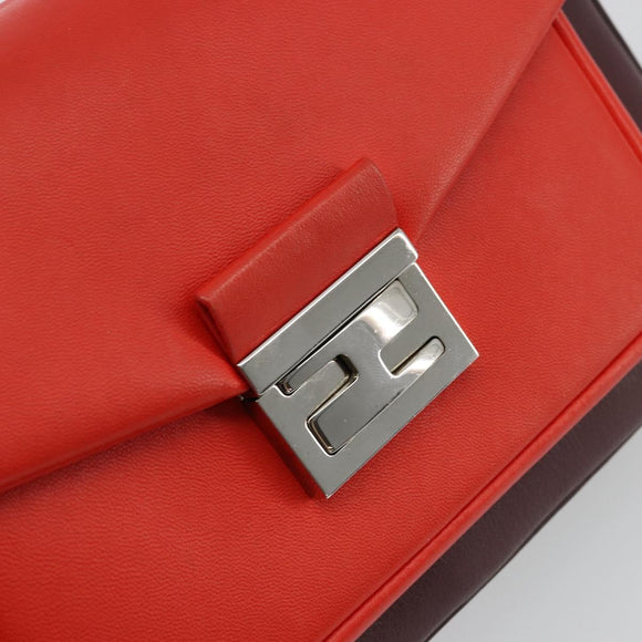 FENDI Chain Beebaguette Shoulder Bag Leather Red Silver Auth 177969A
