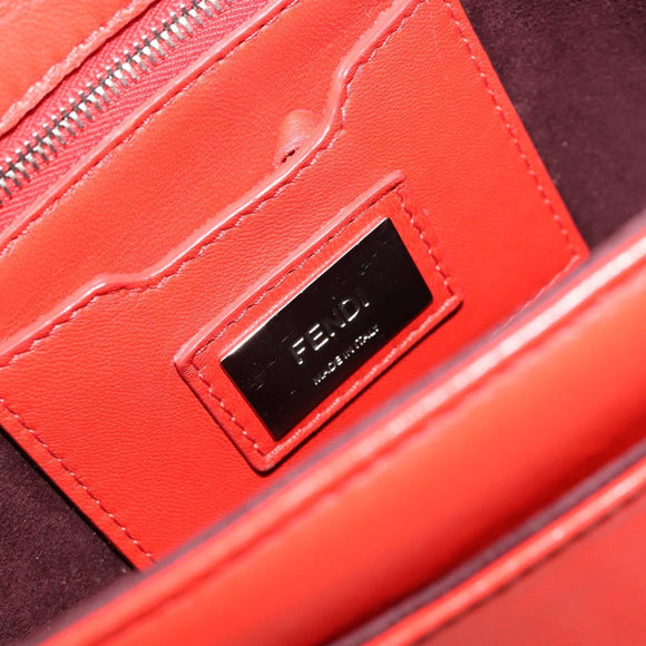 FENDI Chain Beebaguette Shoulder Bag Leather Red Silver Auth 177969A