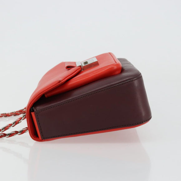FENDI Chain Beebaguette Shoulder Bag Leather Red Silver Auth 177969A
