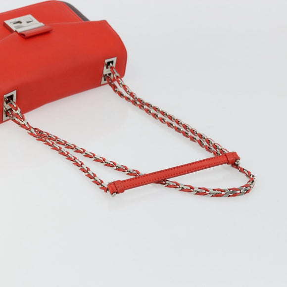 FENDI Chain Beebaguette Shoulder Bag Leather Red Silver Auth 177969A