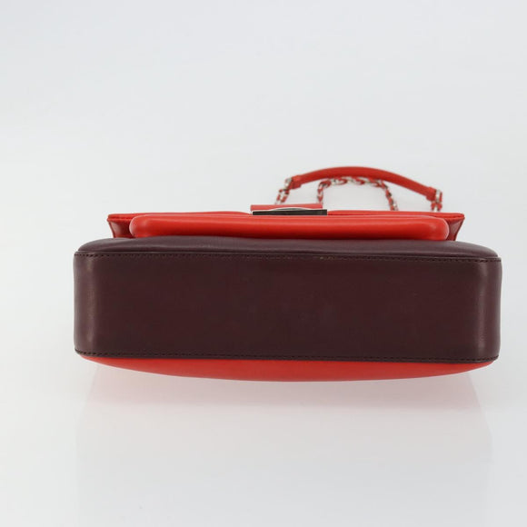 FENDI Chain Beebaguette Shoulder Bag Leather Red Silver Auth 177969A