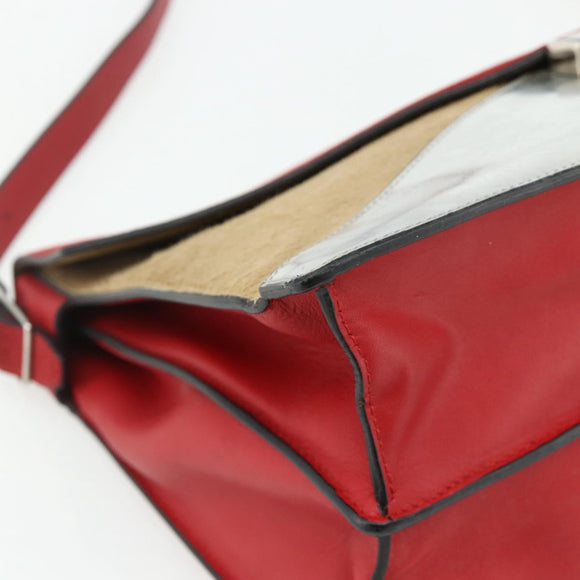 CELINE Shoulder Bag Leather Red Silver Auth 177971