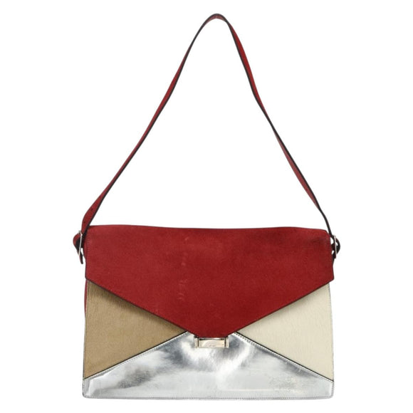 CELINE Shoulder Bag Leather Red Silver Auth 177971