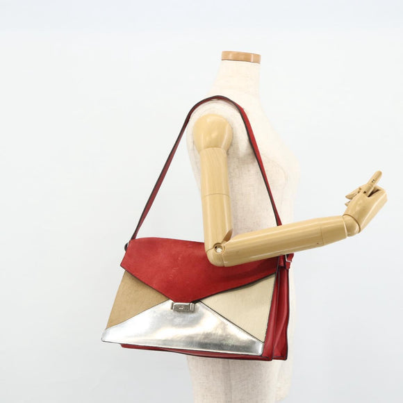 CELINE Shoulder Bag Leather Red Silver Auth 177971
