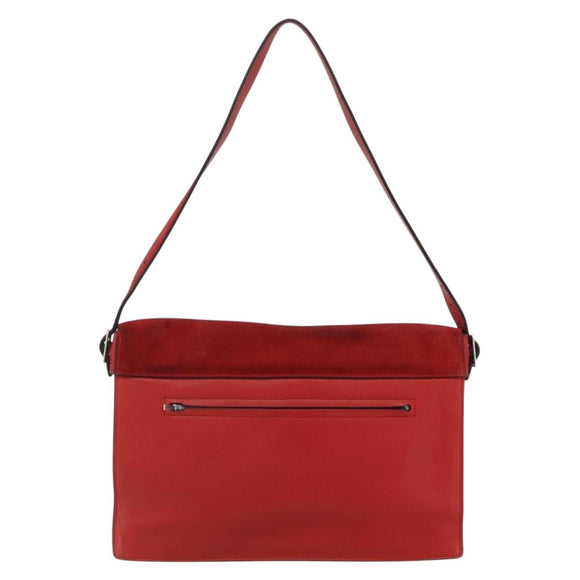 CELINE Shoulder Bag Leather Red Silver Auth 177971