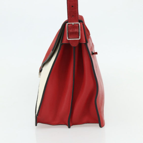 CELINE Shoulder Bag Leather Red Silver Auth 177971