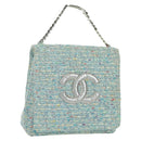 CHANEL Chain Hand Bag Tweed Light Blue Silver CC Auth 177972SV-1