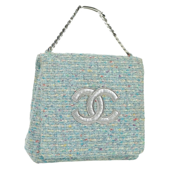 CHANEL Chain Hand Bag Tweed Light Blue Silver CC Auth 177972SV