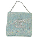 CHANEL Chain Hand Bag Tweed Light Blue Silver CC Auth 177972SV-2
