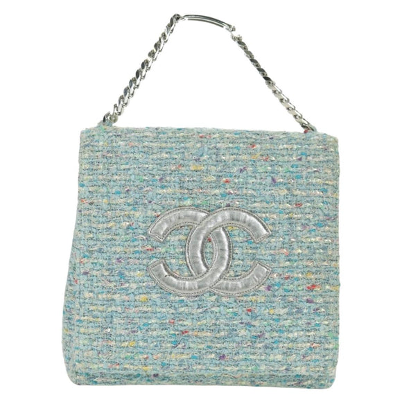 CHANEL Chain Hand Bag Tweed Light Blue Silver CC Auth 177972SV