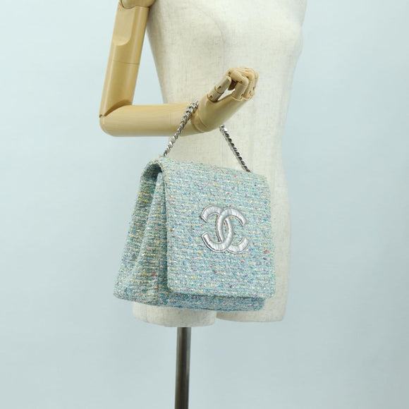 CHANEL Chain Hand Bag Tweed Light Blue Silver CC Auth 177972SV