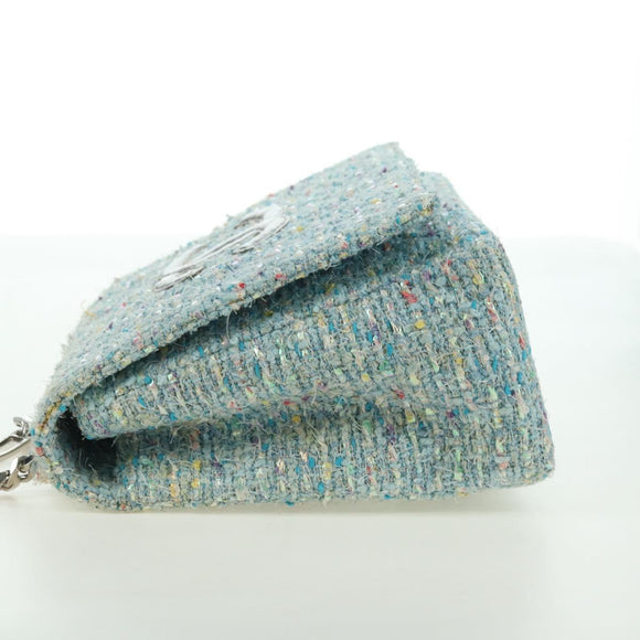 CHANEL Chain Hand Bag Tweed Light Blue Silver CC Auth 177972SV