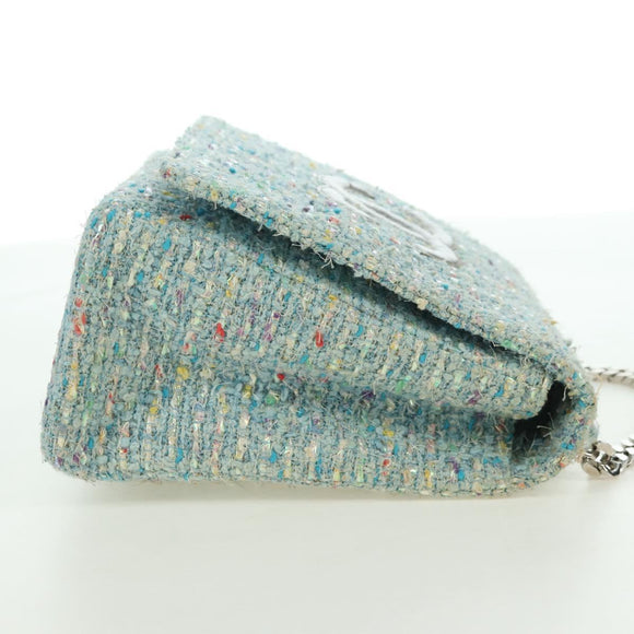 CHANEL Chain Hand Bag Tweed Light Blue Silver CC Auth 177972SV
