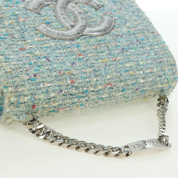 CHANEL Chain Hand Bag Tweed Light Blue Silver CC Auth 177972SV