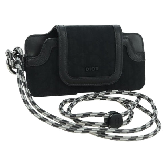 Christian Dior Trotter Canvas Neck Pouch Black Silver Auth 177974M