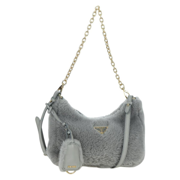 PRADA Shoulder Bag Mouton 3way Gray Gold Auth 177976SM