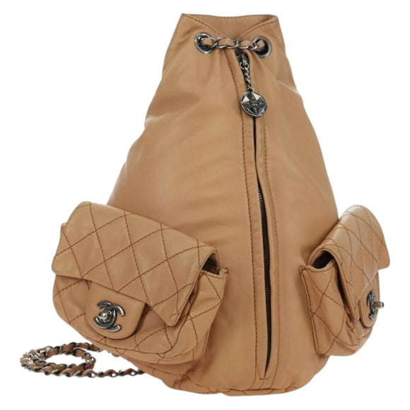 CHANEL Matelasse Chain Backpack Lamb Skin Beige Silver CC Auth 177984SAV