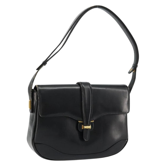 GUCCI Shoulder Bag Leather Black Gold Auth 177992