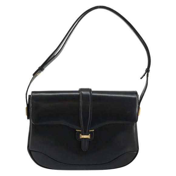 GUCCI Shoulder Bag Leather Black Gold Auth 177992