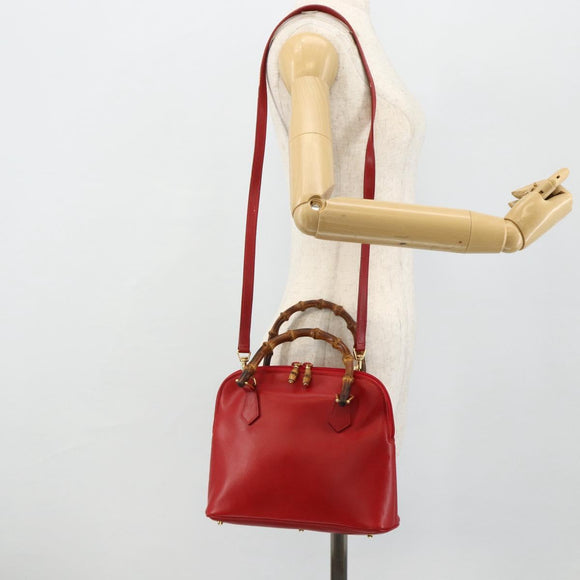 GUCCI Bamboo Hand Bag Leather 2way Red Gold 000 2296 0290 Auth 178004
