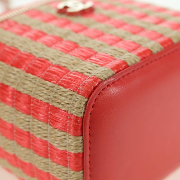 CHANEL Chain Vanity Shoulder Bag Raffia Red Gold CC Auth 178044SM