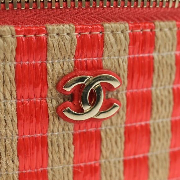 CHANEL Chain Vanity Shoulder Bag Raffia Red Gold CC Auth 178044SM