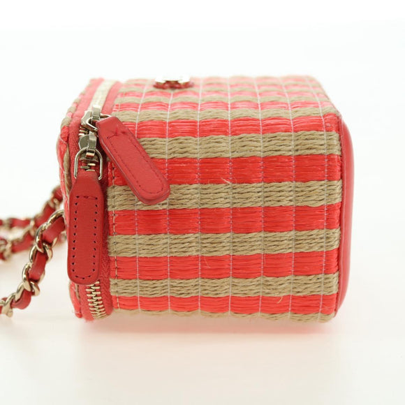 CHANEL Chain Vanity Shoulder Bag Raffia Red Gold CC Auth 178044SM